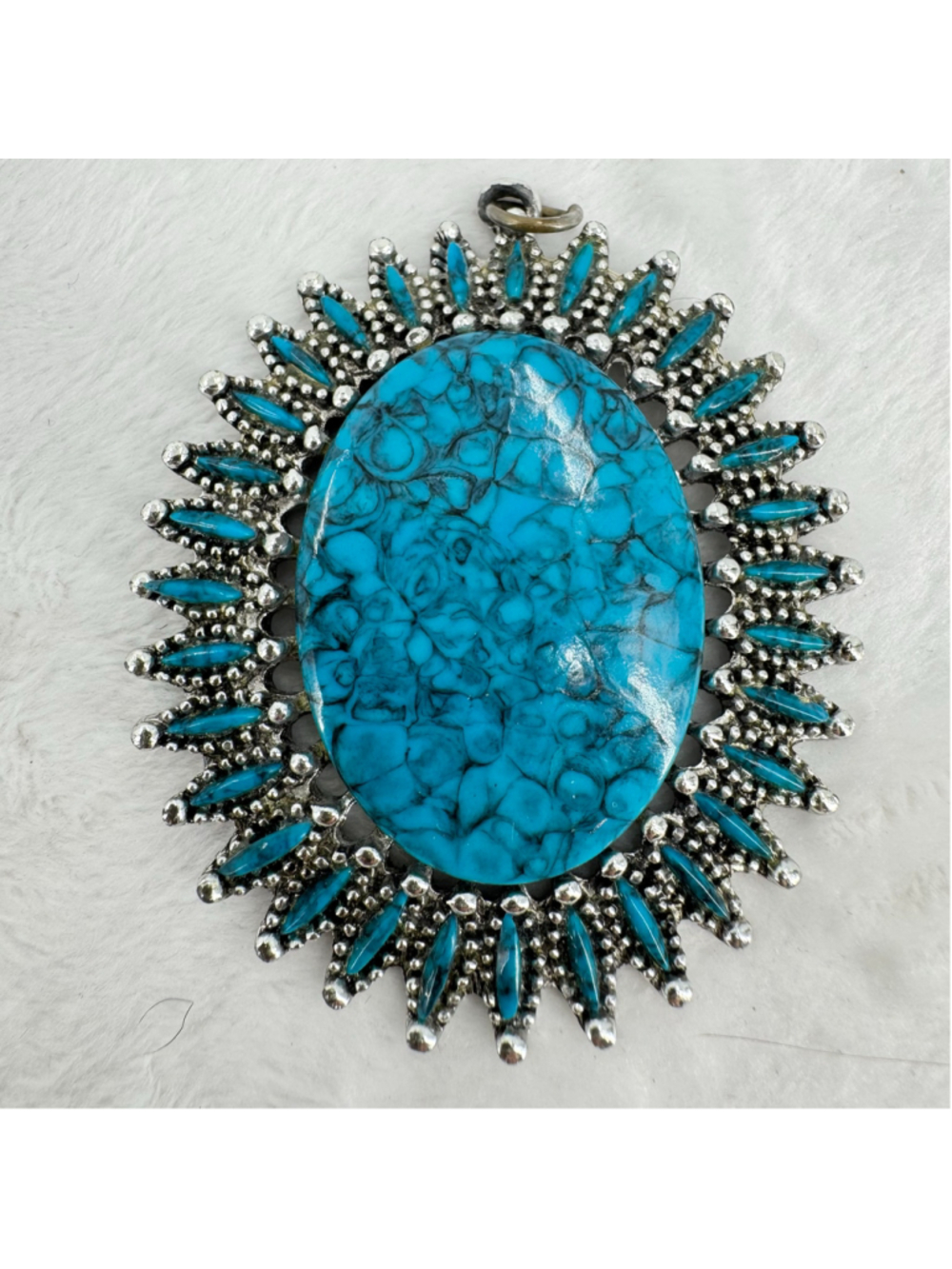 Vintage Silver Tone and Turquoise Pendant Large Oval Southwestern Western